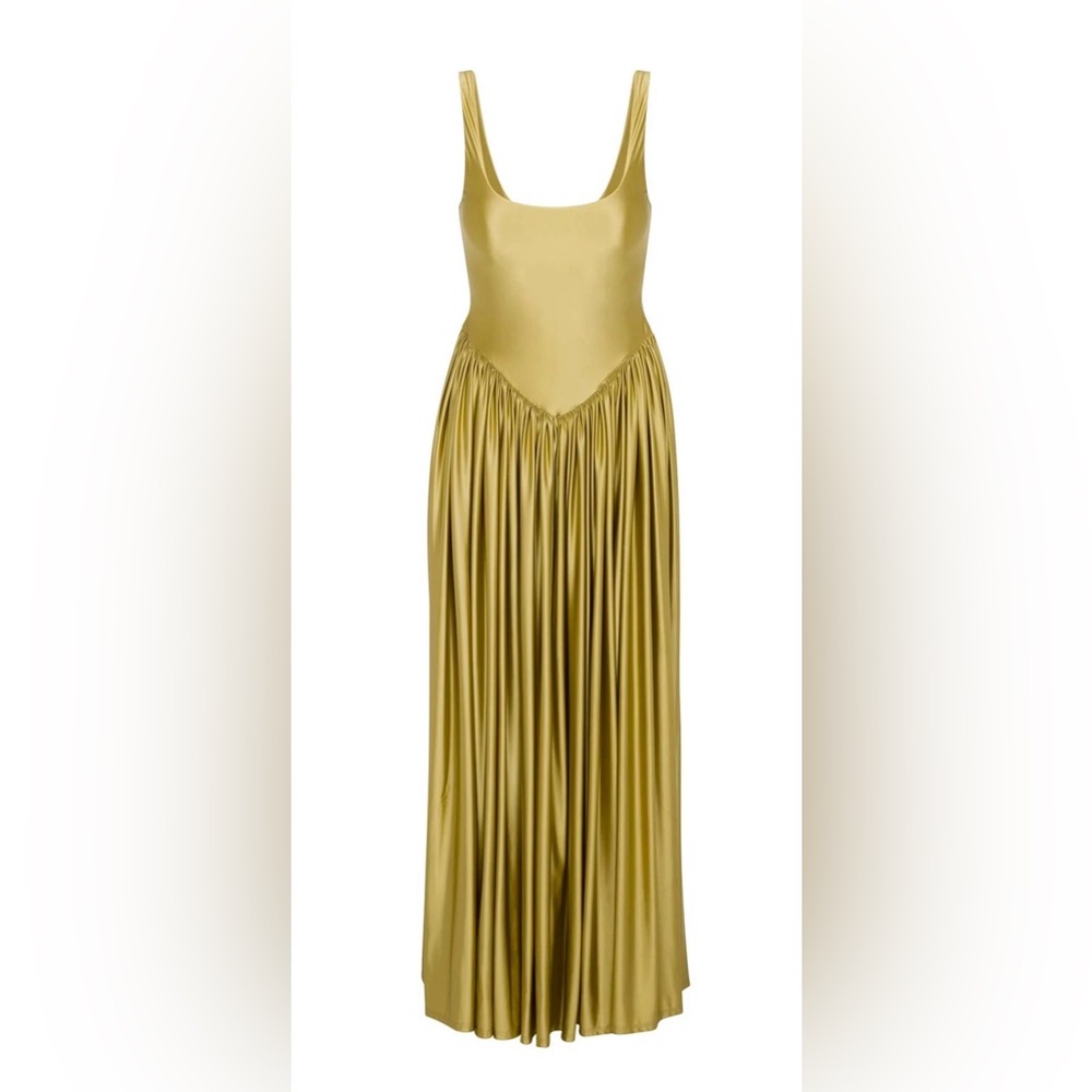 Sleek Olive Satin Pleated Maxi Dress - Picture 2 of 4